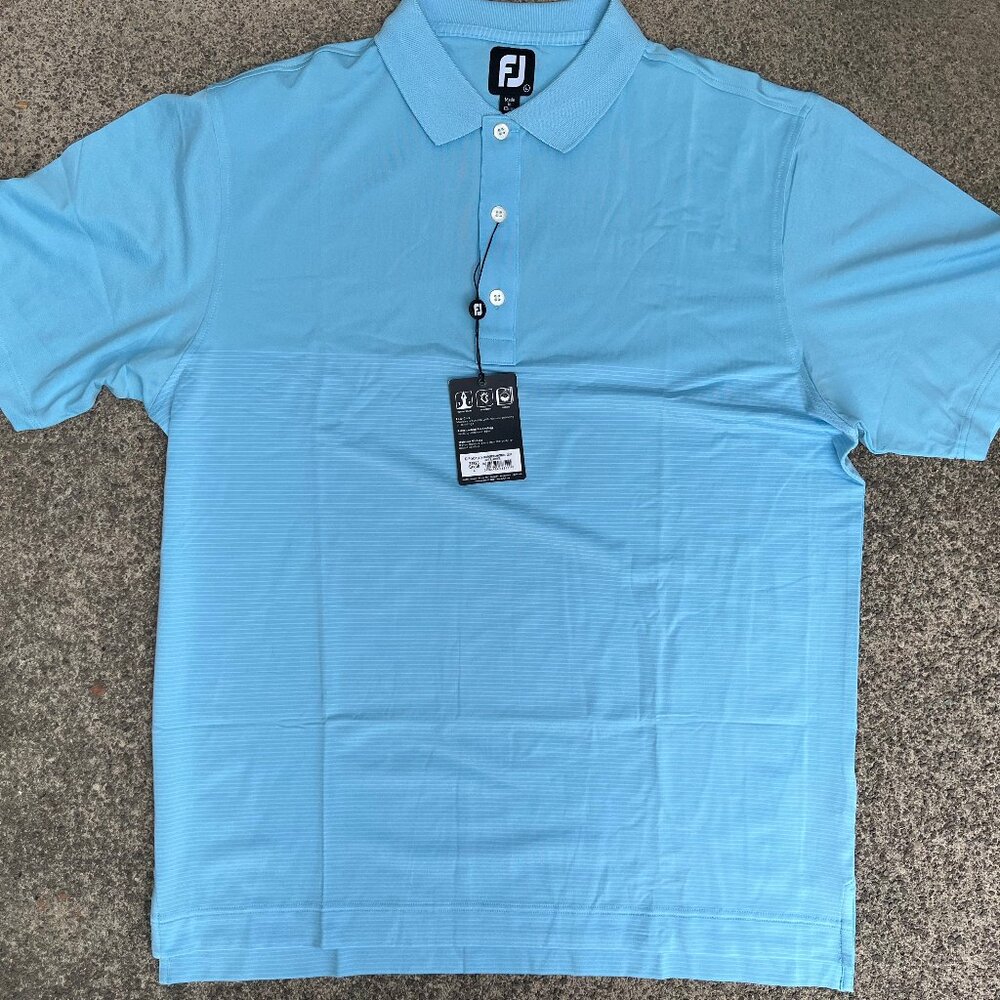 Men's FJ Foot Joy 3 Button Knit SS Golf Shirt Size Large NWT Turquoise Stripped
